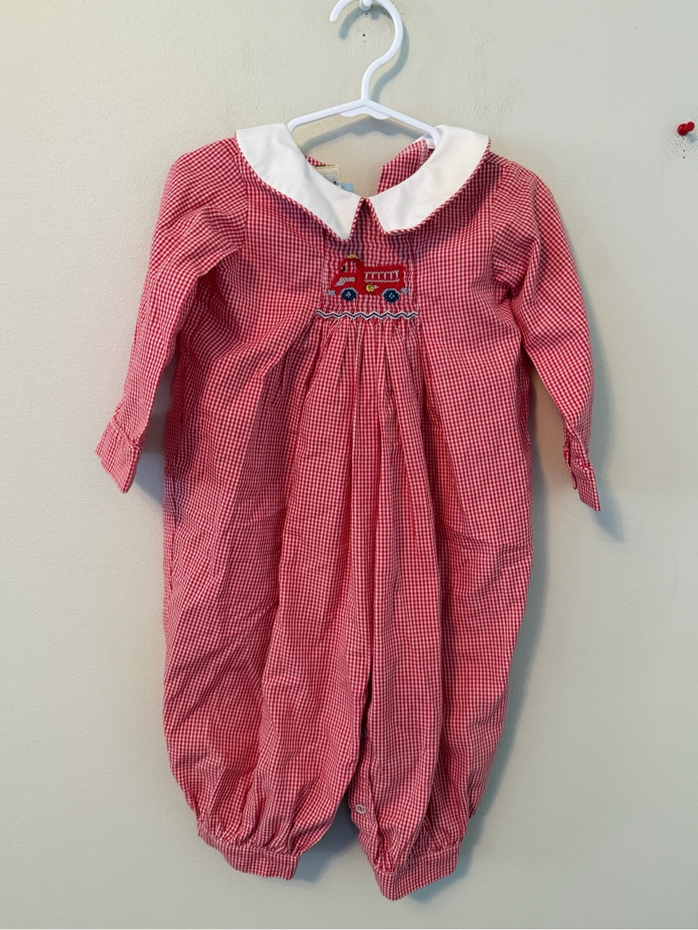 Little English Red Gingham Smocked Fire Truck Romper
